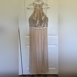 David's Bridal Sequin Halter Formal Gown in Gold/Champagne